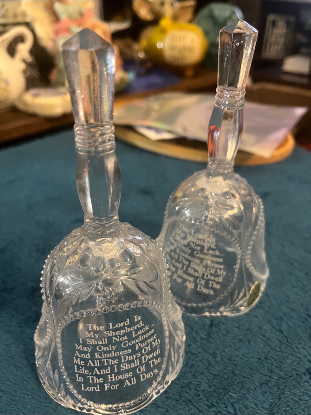 Vintage Emson Lead Crystal Lord is my Shepherd Psalms Pair of Bells 003
